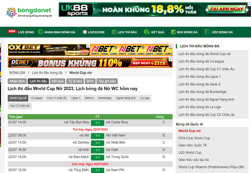 Xem lịch thi đấu của World Cup nữ 2023 tr&ecirc;n Bongdanet.mobi