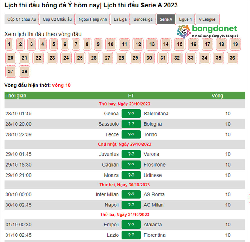 Xem lịch thi đấu Serie A ch&iacute;nh x&aacute;c tại Bongdanet.mobi